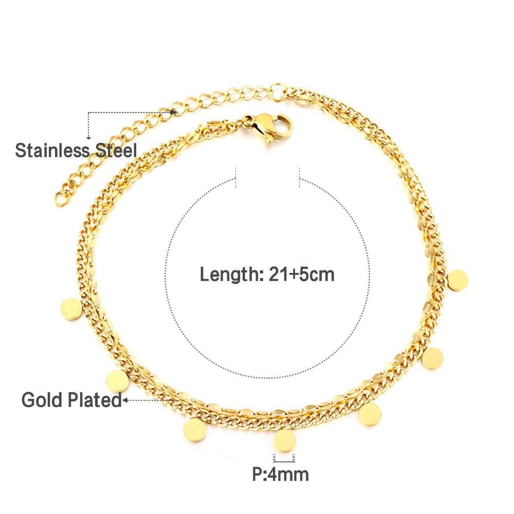 Double Layer Coin Disc Pendant Anklets - Gold Colour Stainless Steel Anti-allergic Rope Chain Jewellery - The Jewellery Supermarket