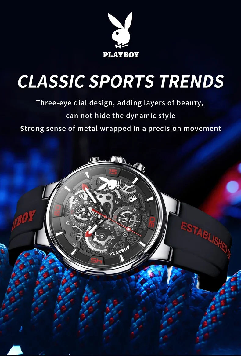 PLAYBOY Casual Quartz Luxury Sports Luminous Waterproof Fashion High-end Silicone Strap Men's Wristwatch