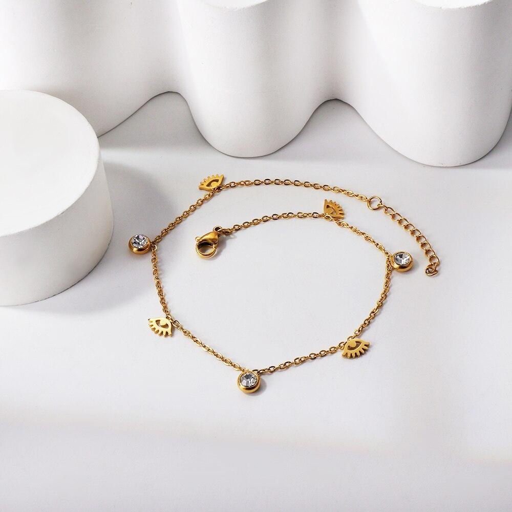 Dainty Gold Colour Stainless Steel Charm Bracelets - Crystal Evil Eyes Tree of Life Hamsa Hand Elephant Chain - The Jewellery Supermarket