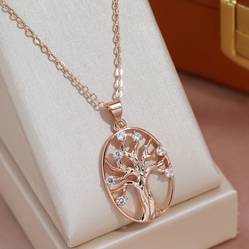 Classic 14K Filled Rose Gold Long Chain Luxury Life Tree Geometric Oval Pendant AAA Zircon Diamonds Necklace