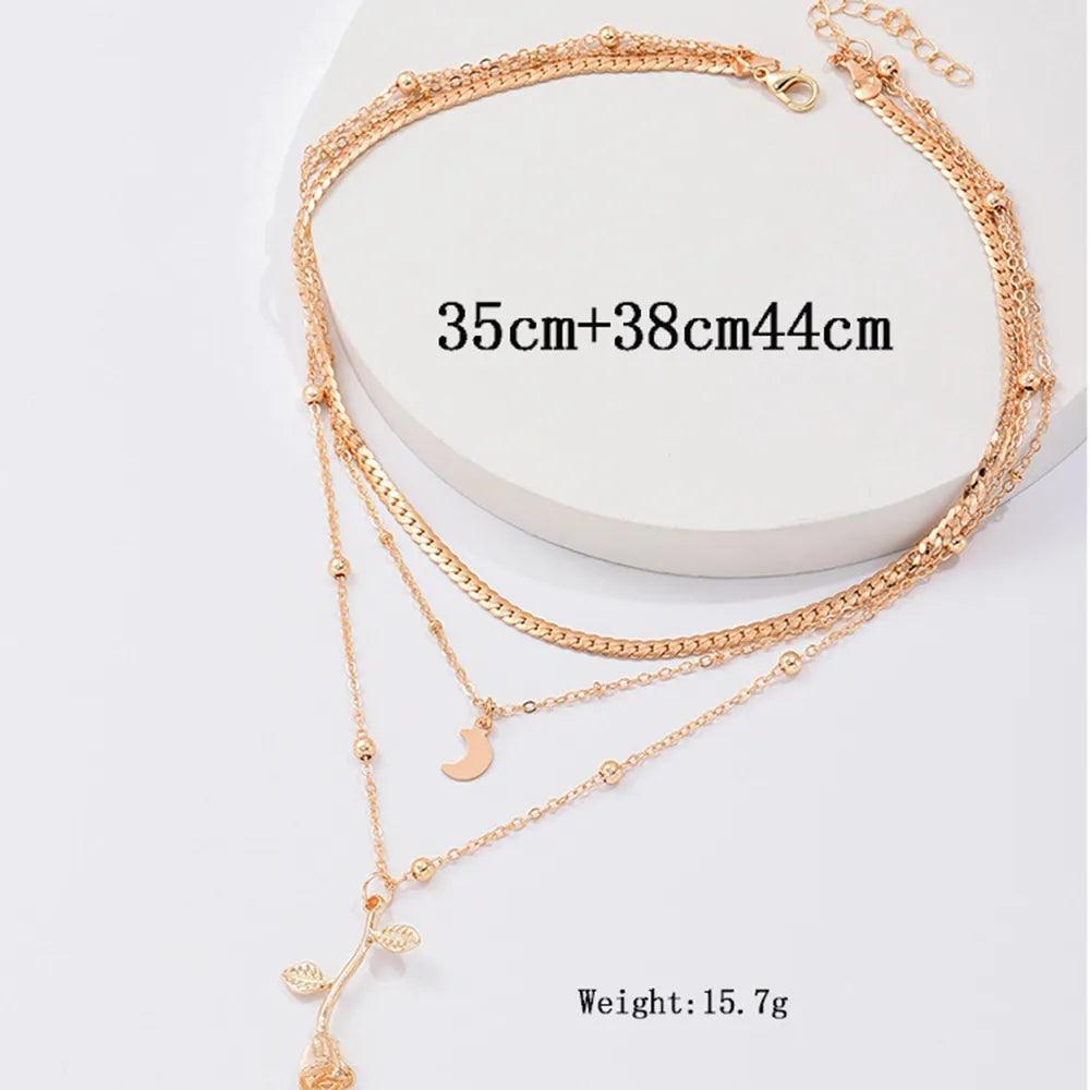 Bohemia Multilayer Moon Gold Colour Rose Flower Choker Fashion Pendant Necklaces For Women and Girls - The Jewellery Supermarket