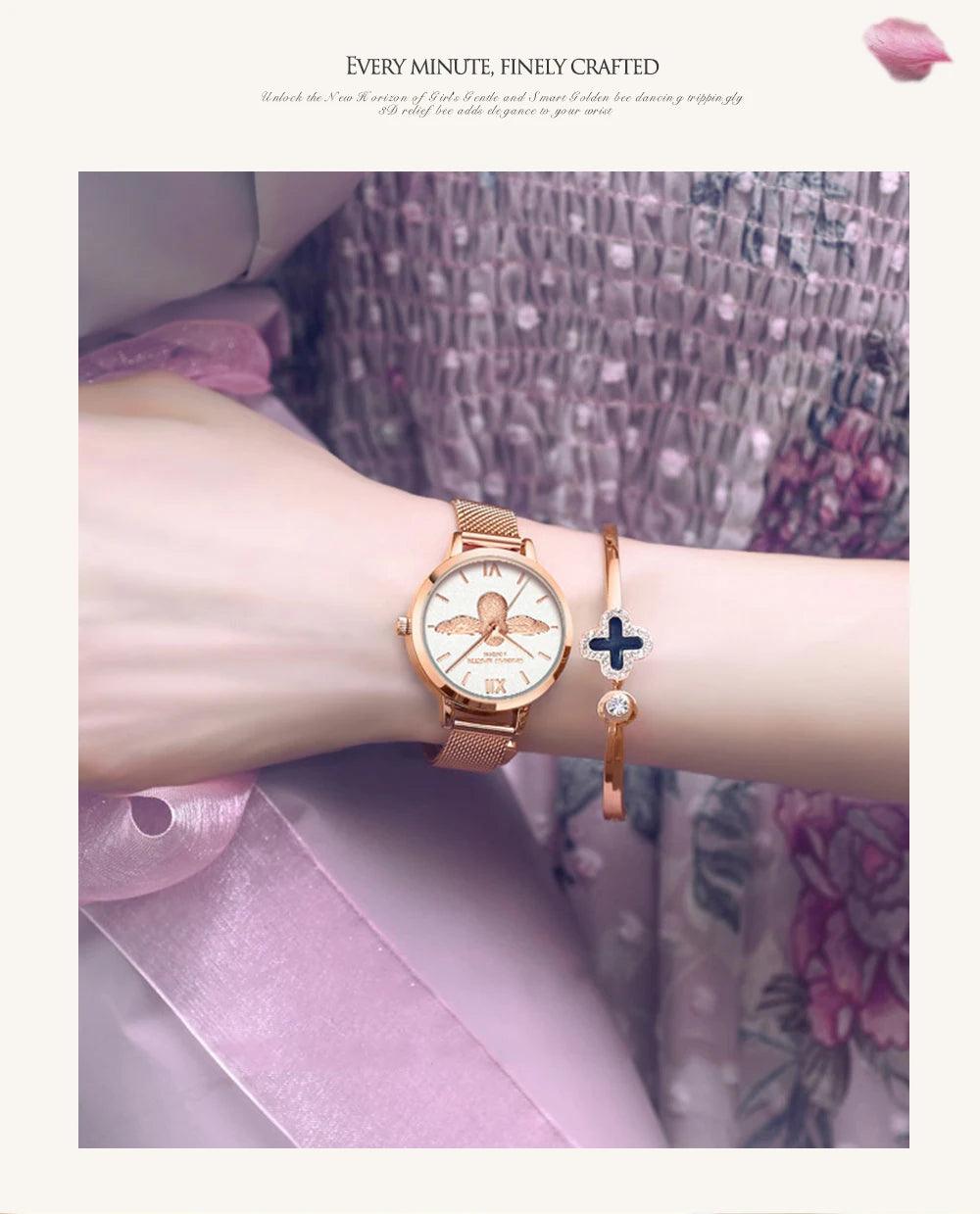 Elegant Luxury 3D Engraved Bee Dial Ladies Watch Rose Gold Plated 31mm Classic Casual Dress Watch with Bracelet Set