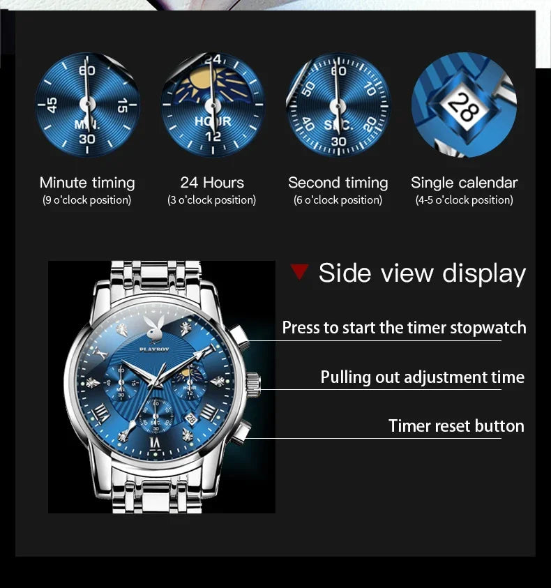 PLAYBOY Fashion Luxury Multifunction Original Waterproof Stainless Steel High Quality Quartz Watch for Men