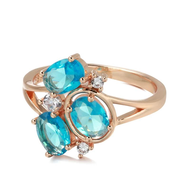 Fine Blue AAA Zircon Crystals Hollow Geometry Flower Filled 14K Rose Gold Ethnic Rings - Vintage Wedding Jewellery