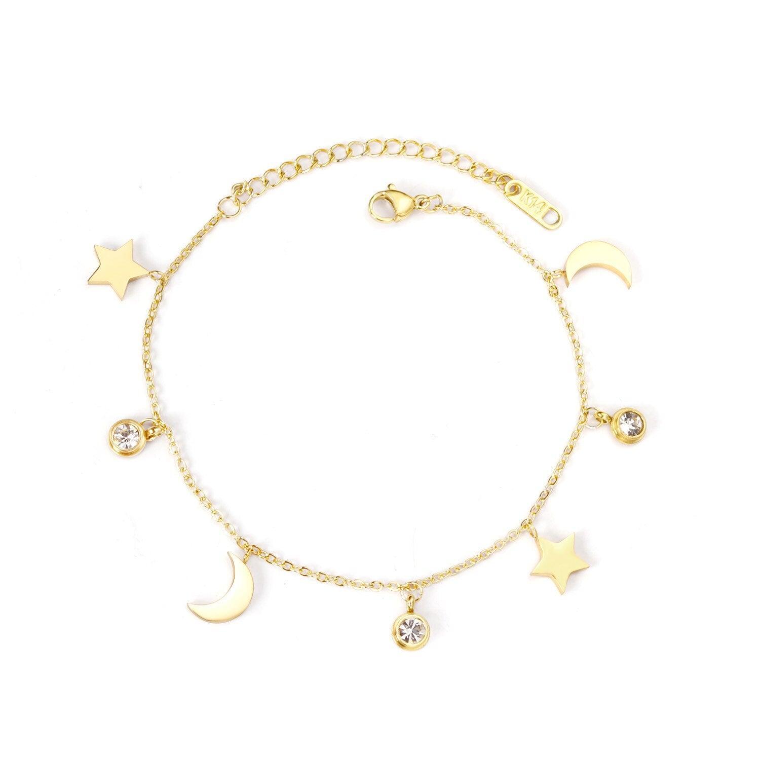 Dainty Gold Colour Stainless Steel Charm Bracelets - Crystal Evil Eyes Tree of Life Hamsa Hand Elephant Chain - The Jewellery Supermarket