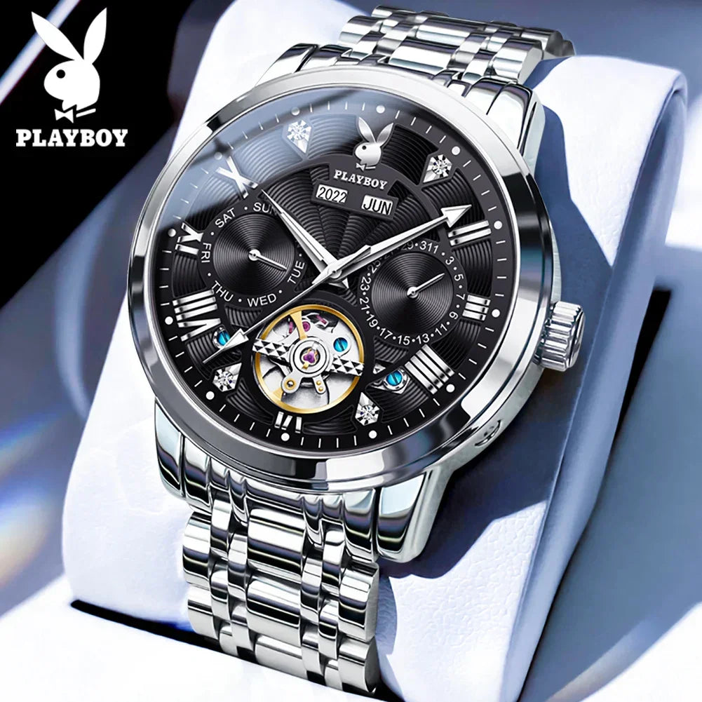 PLAYBOY Luxury Top Brand Fashion Automatic Mechanical Stainless Steel Waterproof Business Men's Watches for Men