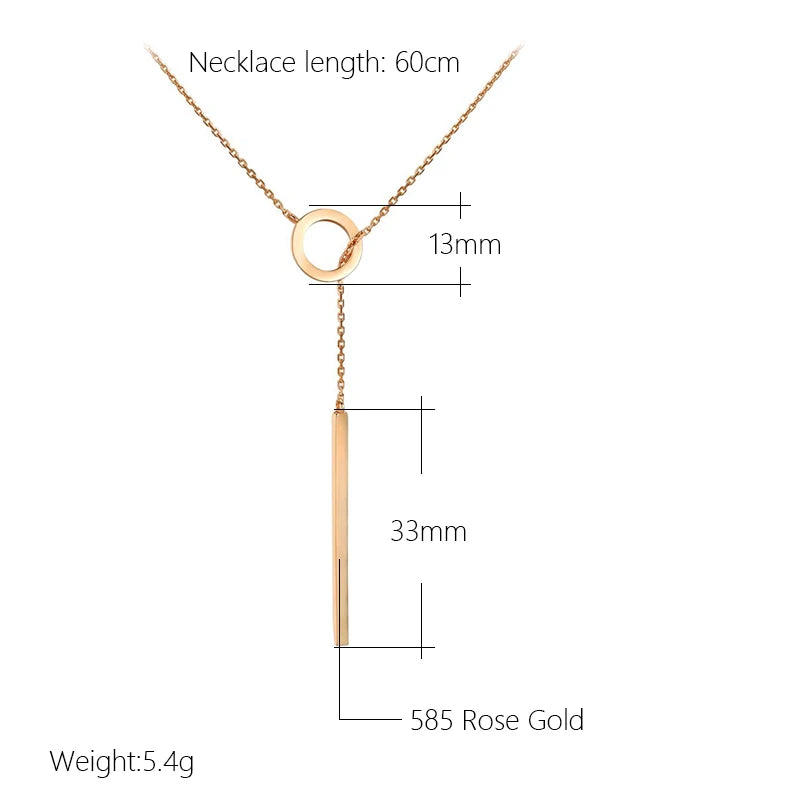 Unique Circle and Stick Rolled 14K Rose Gold Women's Necklace, Simple Trendy Fine Jewellery Glossy Necklace