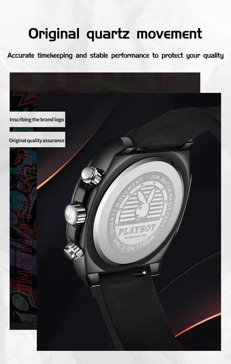 PLAYBOY Top Brand Original Luxury Waterproof Silicone Strap Calendar Luminous Fashion Quartz Men's Wrist Watches