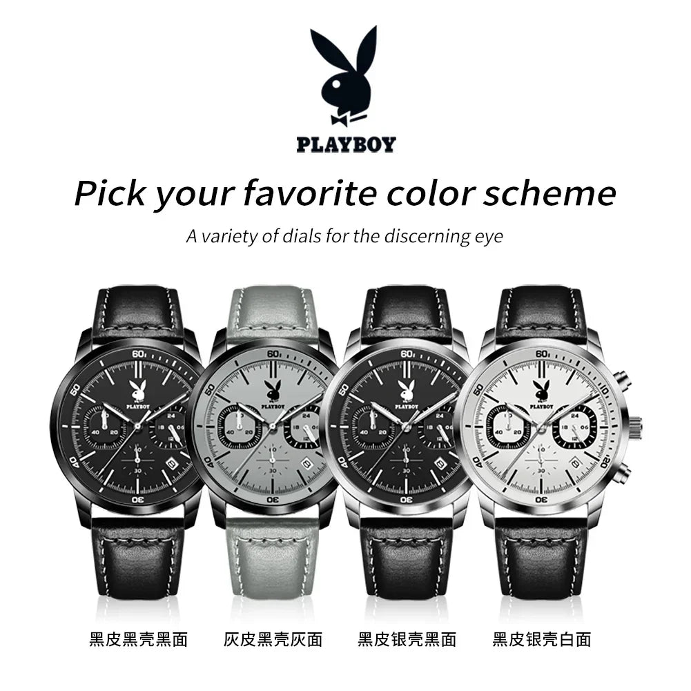 PLAYBOY Top Brand Fashion Watch for Men Leather Strap  High Quality Casual Waterproof Luxury Quartz Men's Watches