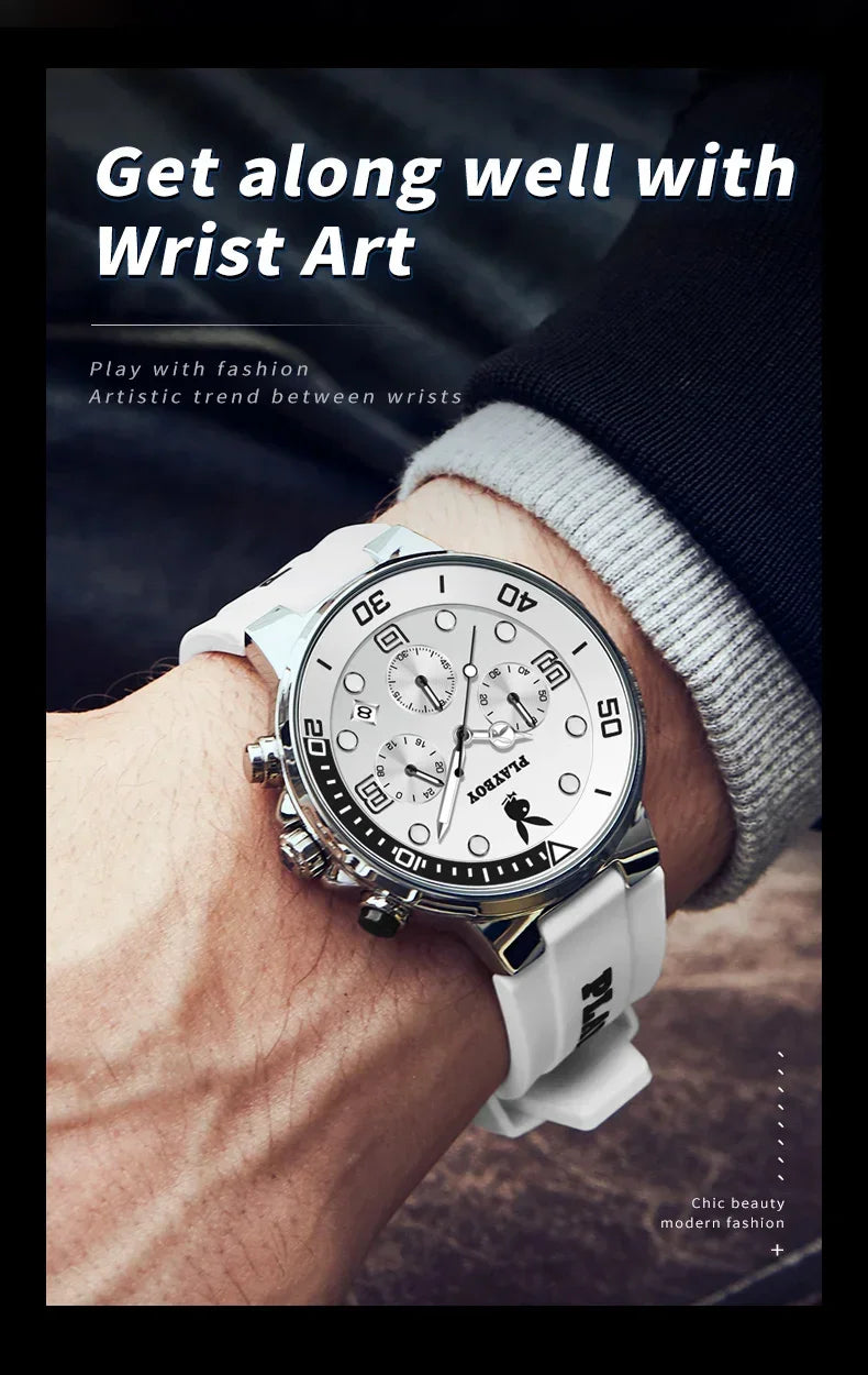 PLAYBOY Top Brand  New Original Fashion High Quality Silicone Strap Multifunction Quartz Watch for Men