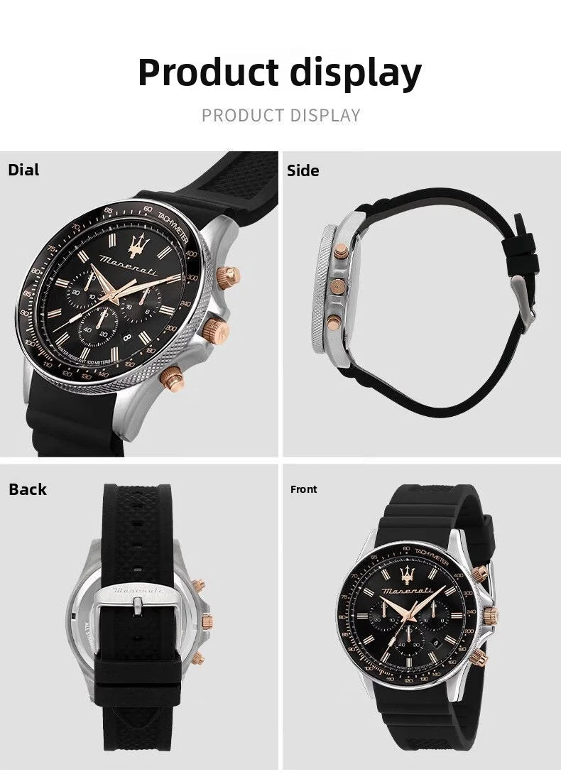 Amazing Gold Maserati Men's Watch Sports Leisure Luxury Europe and America Large Dial Black Silicone StrWatch.