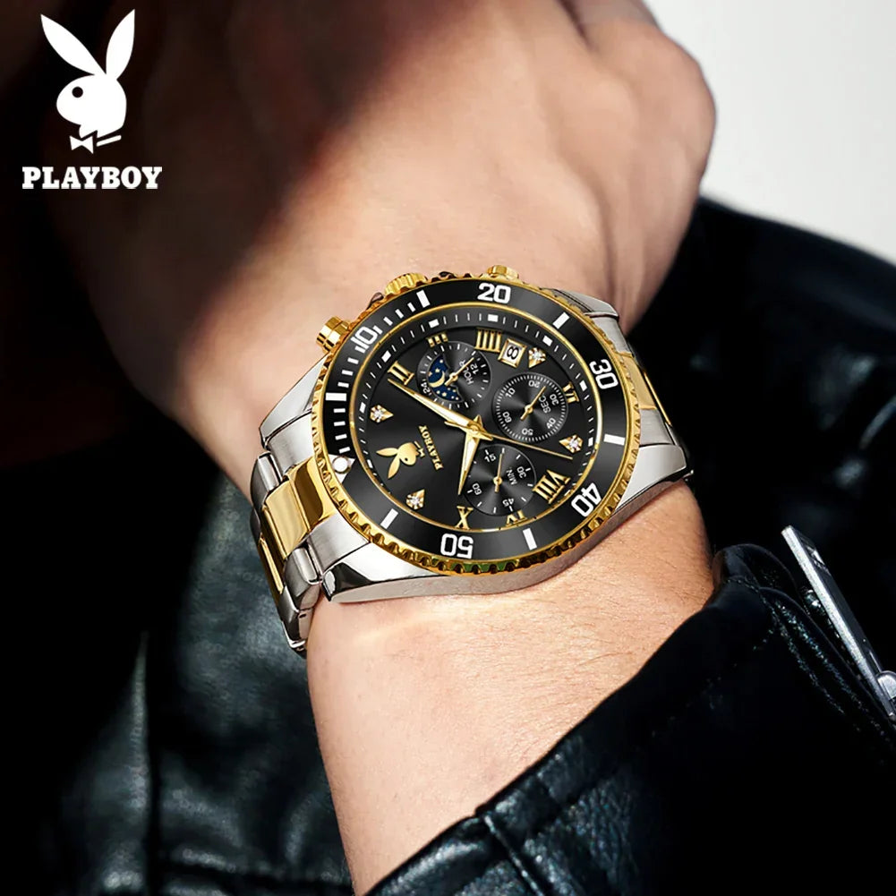 PLAYBOY Casual Business New Original Stainless Steel Multifunction Waterproof Luxury Quartz Men's Watches