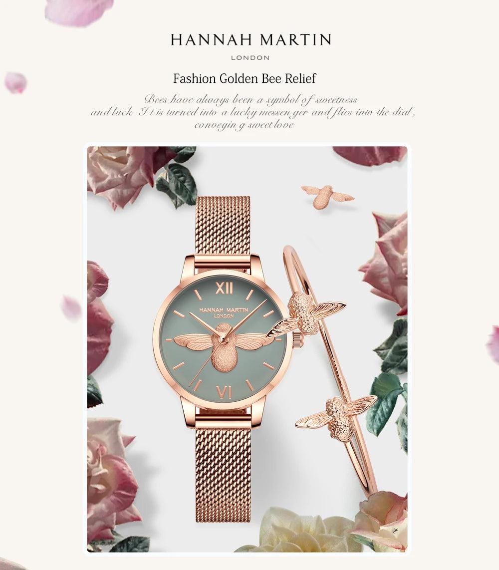 Elegant Luxury 3D Engraved Bee Dial Ladies Watch Rose Gold Plated 31mm Classic Casual Dress Watch with Bracelet Set