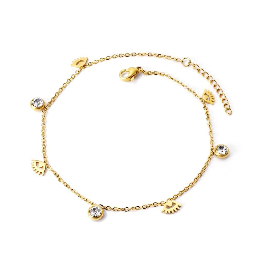Dainty Gold Colour Stainless Steel Charm Bracelets - Crystal Evil Eyes Tree of Life Hamsa Hand Elephant Chain - The Jewellery Supermarket