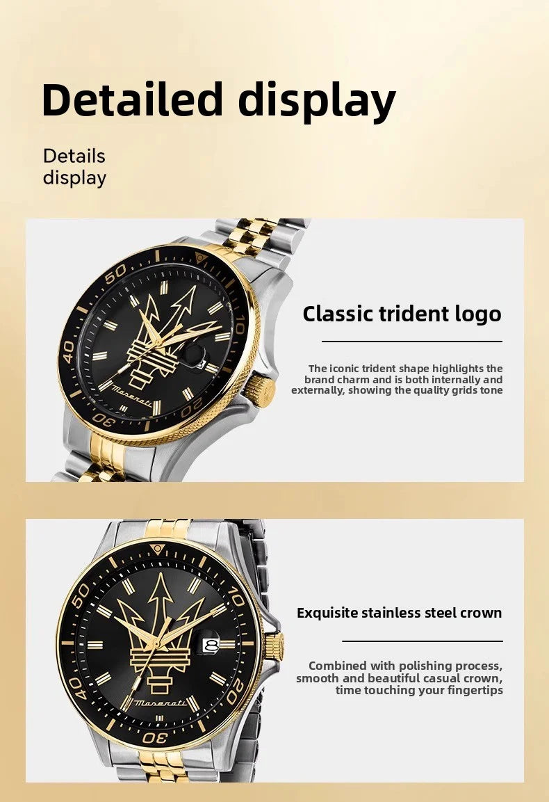Luxury Maserati Watches Men's Luxury Fashion Trends in Europe and America Luminous Gold Steel Strap. Ideal Present