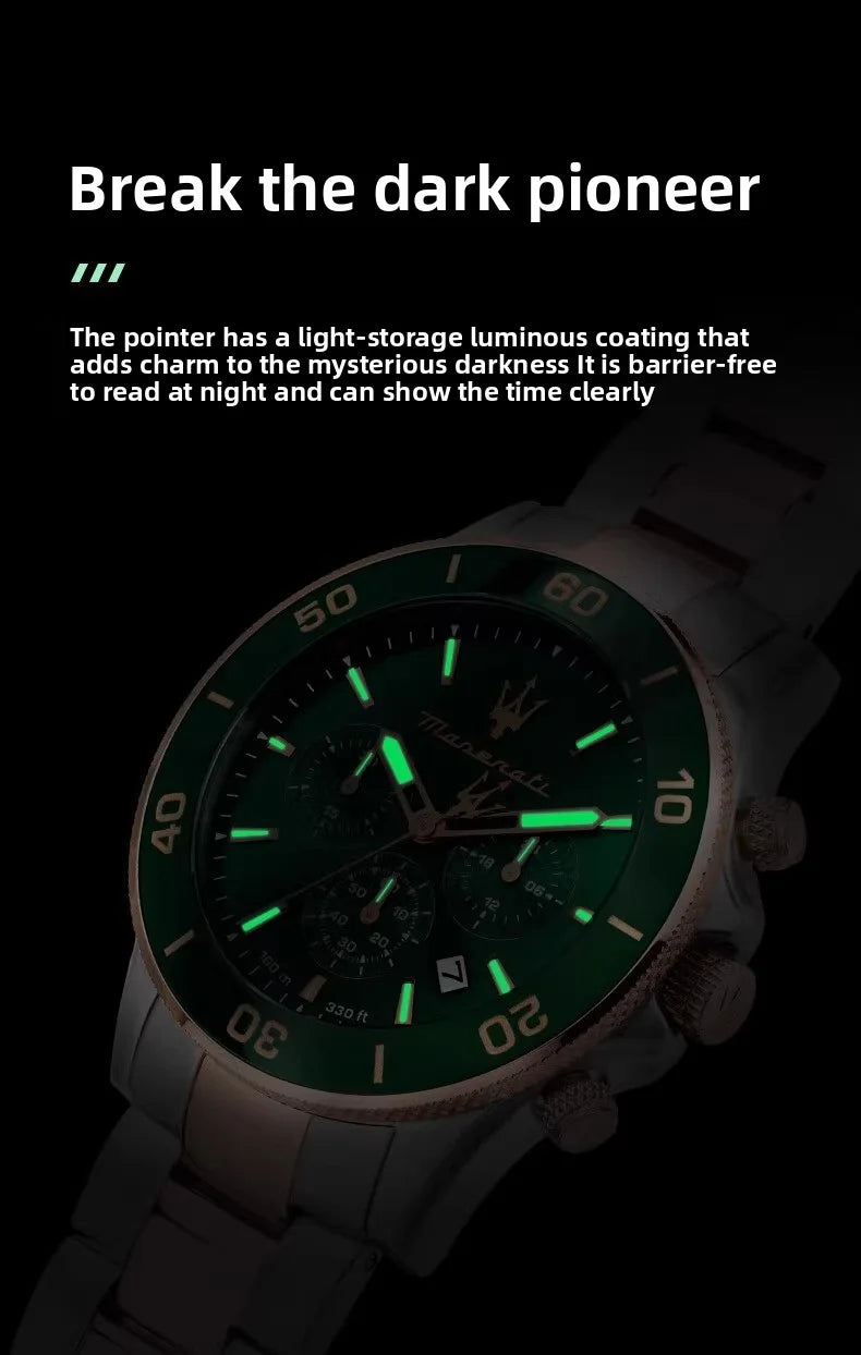 Maserati Original Green Water Ghost Trend Sports Watch Europe and America Style Authentic Quartz Wristwatch
