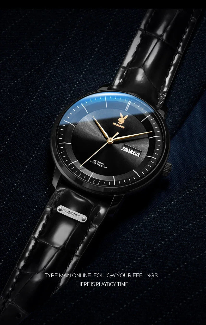 PLAYBOY Casual Simple Automatic Mechanical Men's Watches Original Waterproof Calendar High Quality Watch for Men