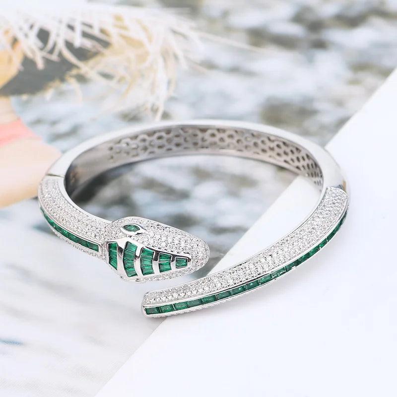 Designer Collection Rectangle Zircon Diamonds Gold Color Snake Serpent Snakelike Open Bangle Bracelet Ladies Watches