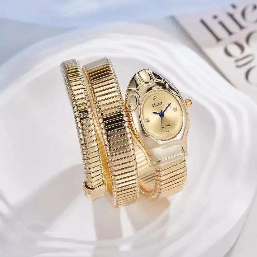 New Luxury Gold Silver Colour Snake Shaped Quartz Watches For Women - Elegant Fashionable Bracelet Wristwatches