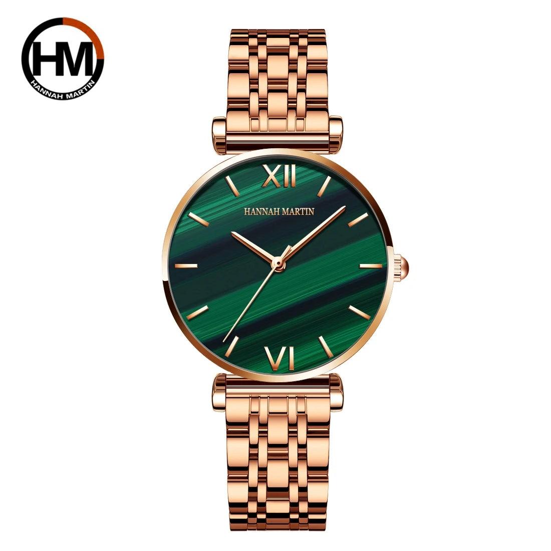New Design Elegant Lady's Wristwatch Green Malachite Dial Quartz Stainless Steel Strap Waterproof Watches for Women