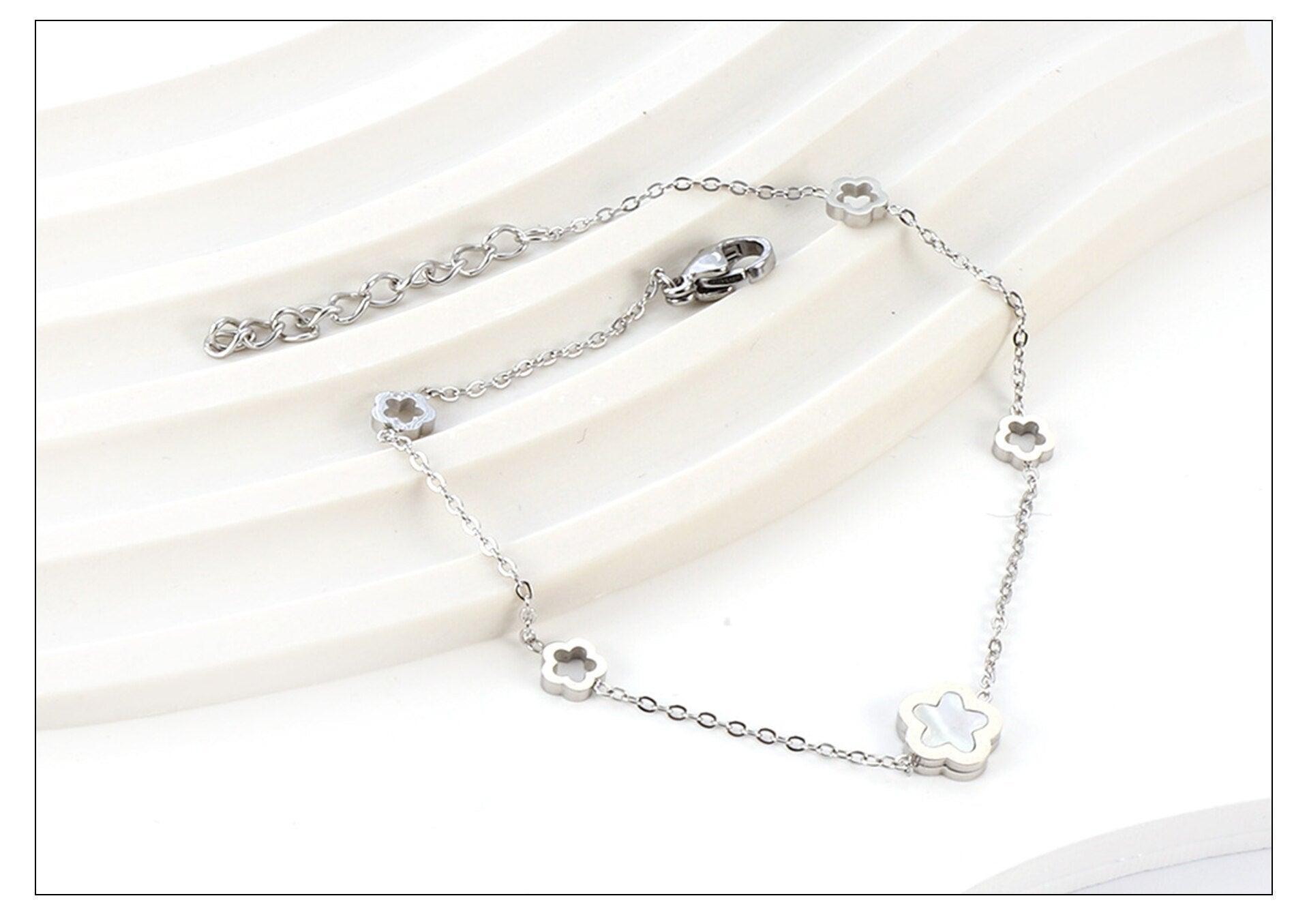 Elegant White Shell Charm Bracelet For Women - Hollow Flower Chain Stainless Steel Luxury Jewellery  - The Jewellery Supermarket