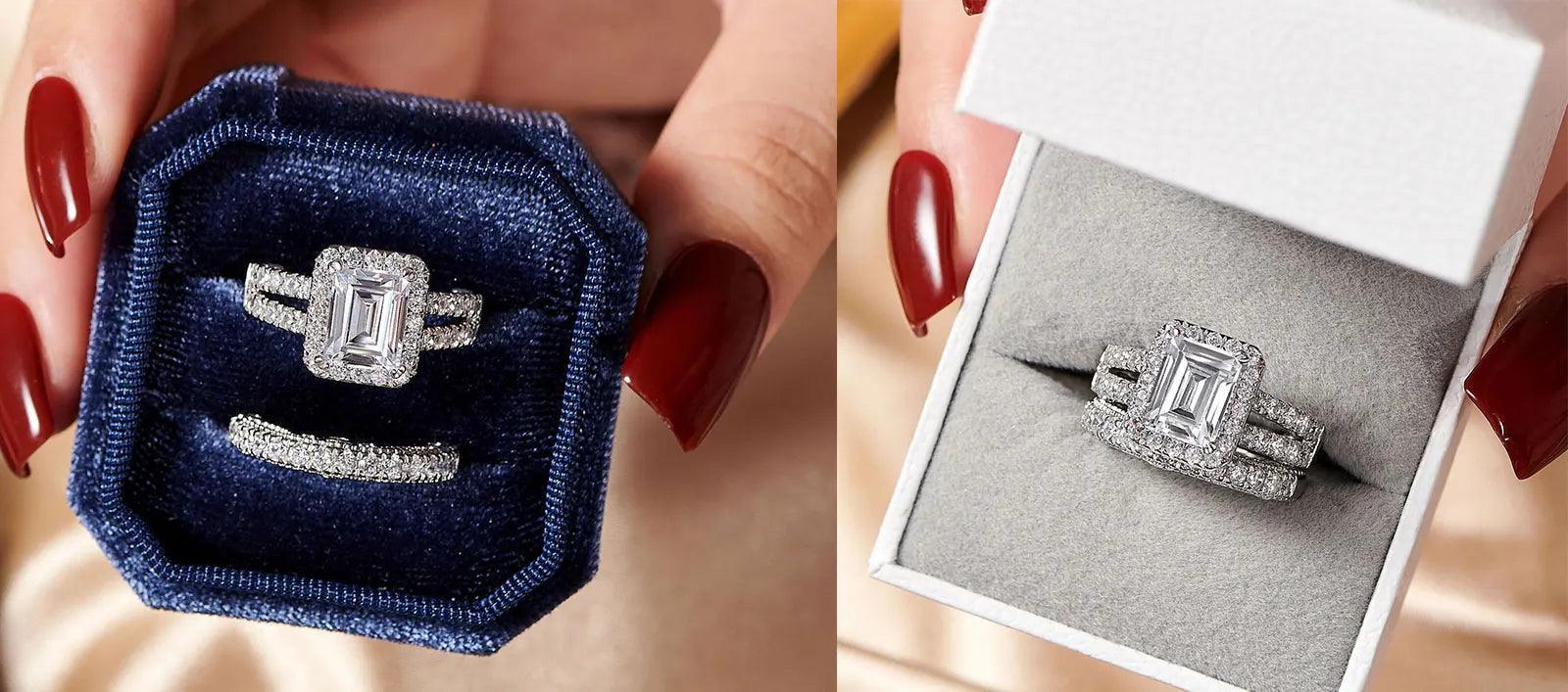 Amazing Marquise or Emerald Cut AAAAA Quality High Carbon Lab Created Diamond Luxury Ring Sets for Women - The Jewellery Supermarket