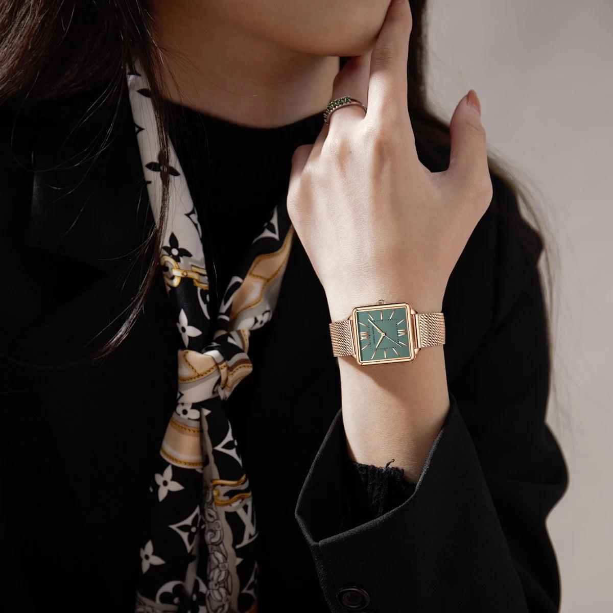 Elegant Green Dial Roman Square Ladies Rose Gold Plated Case Watches Quartz Stainless Steel Fashion Wristwatches