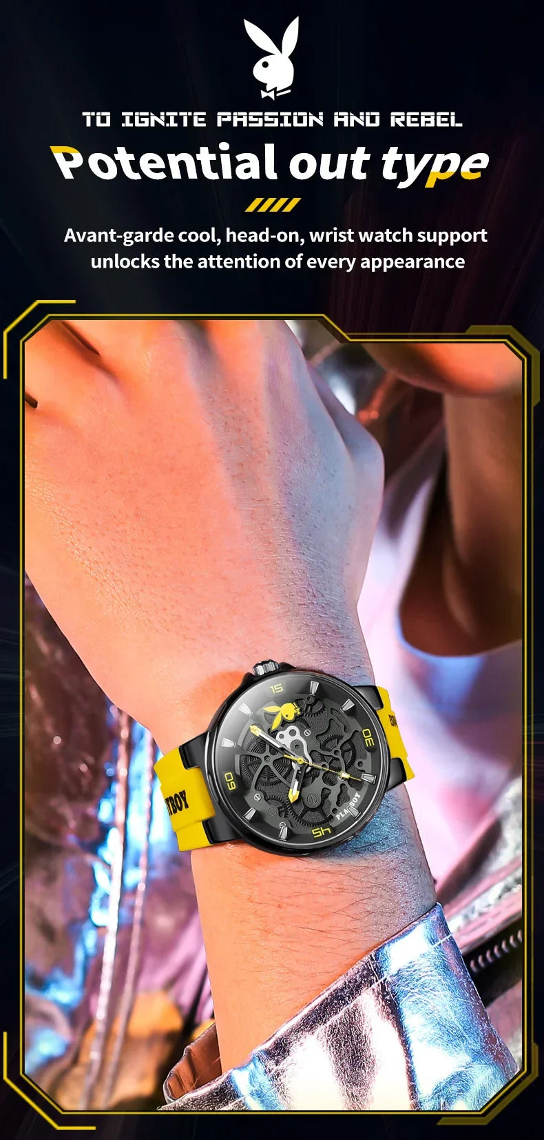 PLAYBOY Luxury Original Silicone Strap Fashion Casual Quartz High Quality Waterproof Watches for Men