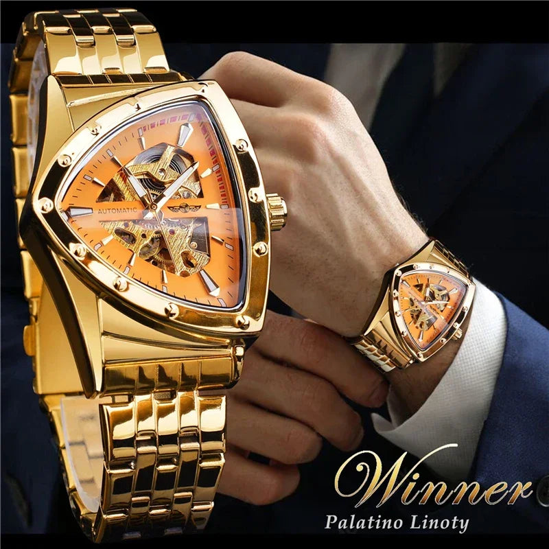 Golden Stainless Steel Waterproof Sport Transparent Triangle Skeleton Mechanical New Mens Wristwatches