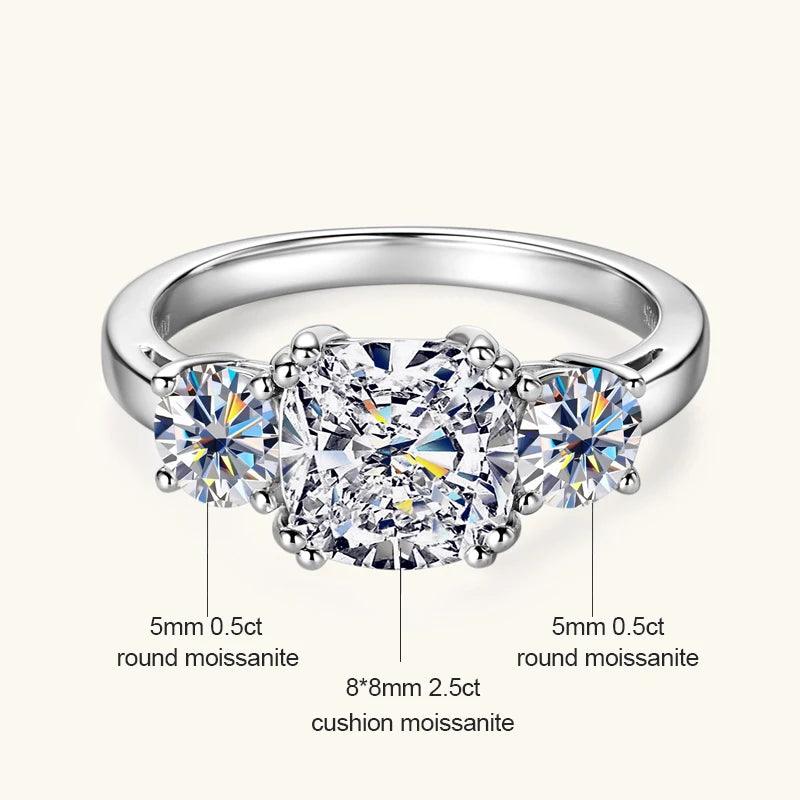 Dazzling 3 Stone 3.5CTTW Cushion & Round Cut Moissanite Diamonds 925 Silver Engagement Wedding Rings For Women