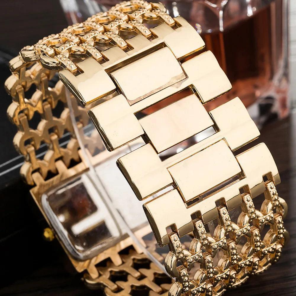 Fashion Light luxury Square CZ Diamonds Quartz Watches - Gold Colour Stainless Steel Bracelet - The Jewellery Supermarket