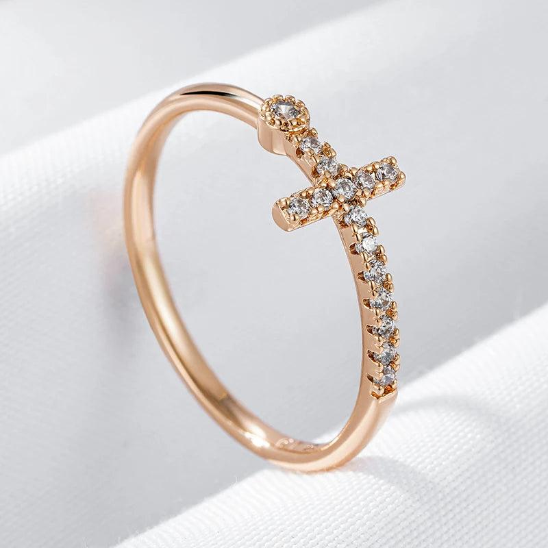 Popular Filled 14K Rose Gold Shiny AAA Zircon Diamonds Faith Cross Rings for Women - High Quality Fine Jewellery