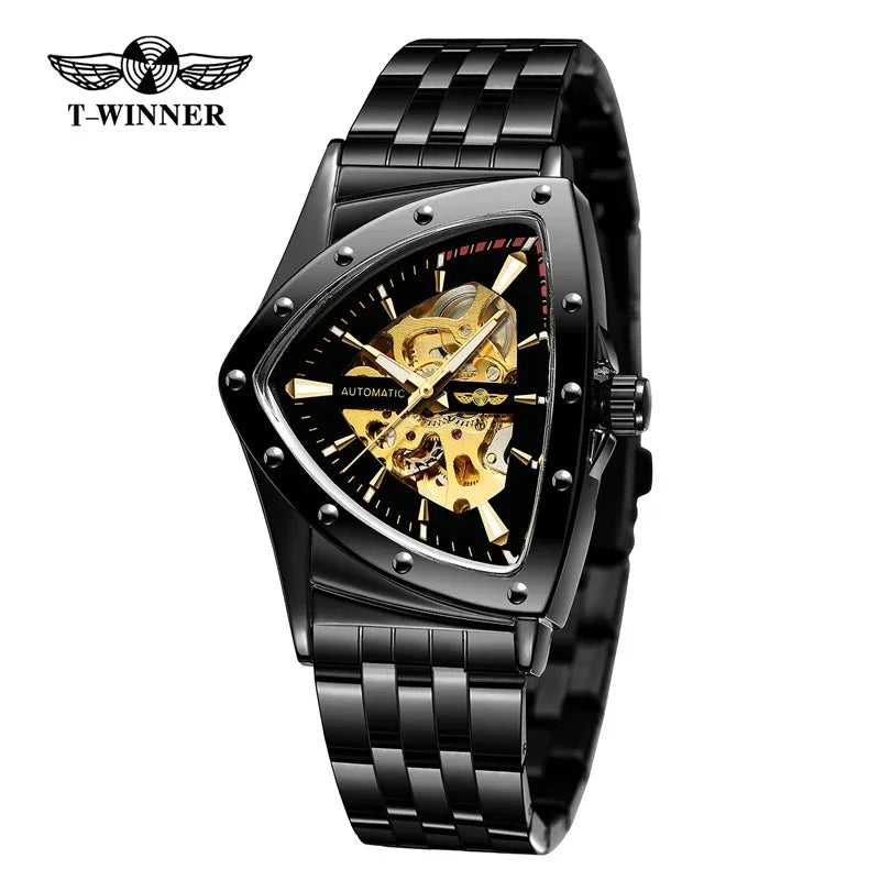 Golden Stainless Steel Waterproof Sport Transparent Triangle Skeleton Mechanical New Mens Wristwatches