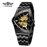 Golden Stainless Steel Waterproof Sport Transparent Triangle Skeleton Mechanical New Mens Wristwatches