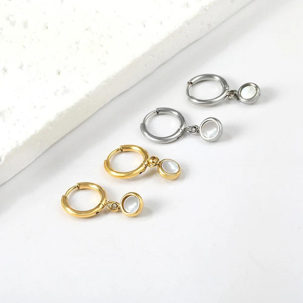 Stainless Steel Geometric White Shell Heart Round Square Shape Bee Moon Crown Hoop Earrings For Women, Girls - The Jewellery Supermarket