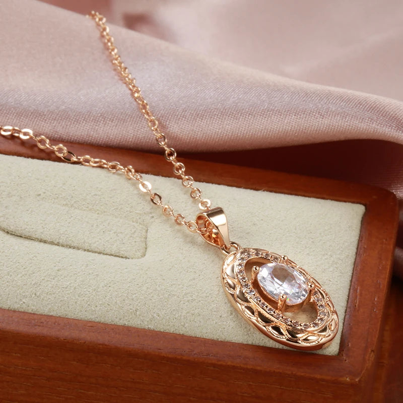 Luxury Oval 14K Filled Rose Gold AAA Zircon Diamonds Pendant Twine Texture Long Chain Fashion Fine Jewellery