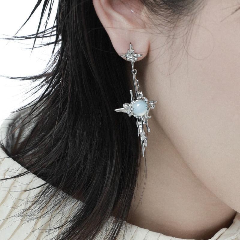 Irregular Liquid Metal Cross Moonstone Dangle Earrings - Trend Metal Cross Moonstone Drops Christian Earrings - The Jewellery Supermarket