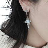 Irregular Liquid Metal Cross Moonstone Dangle Earrings - Trend Metal Cross Moonstone Drops Christian Earrings - The Jewellery Supermarket
