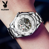 PLAYBOY Brand Skeleton Multifunction Automatic Mechanical Original Stainless Steel Fashion Luxury Watches for Men