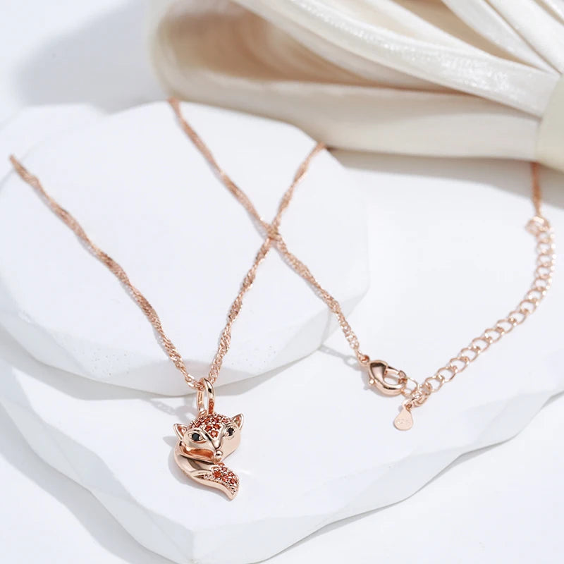 Marvelous Red Filled 14K Rose Gold AAA Zircon Crystal Fox Pendant Necklace - Animal-shaped Fine Jewellery