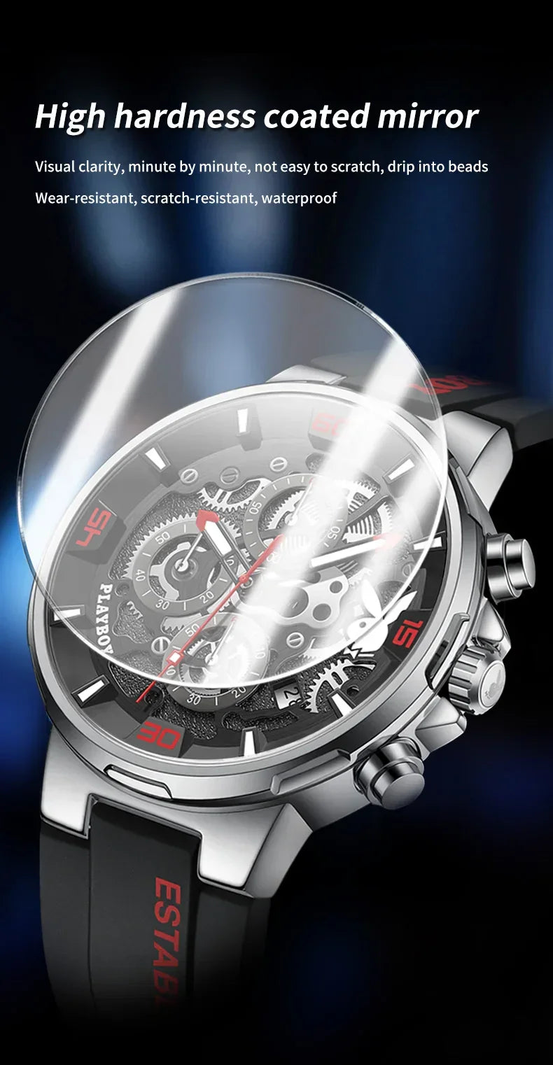 PLAYBOY Casual Quartz Luxury Sports Luminous Waterproof Fashion High-end Silicone Strap Men's Wristwatch