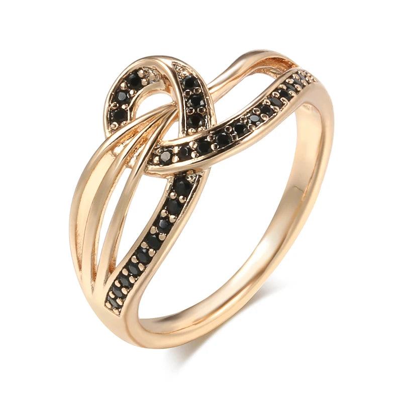 Luxury Geometric Line Cross Rolled 14K Rose Gold With Black AAA Zircon Crystals Ring - Fashion Vintage Jewellery
