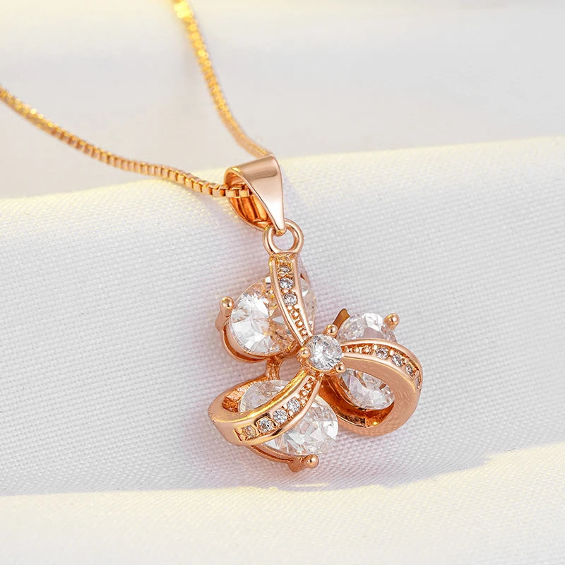 Luxury 14K Rolled Rose Gold AAA White Zircon Diamonds Flower Necklace For Women - Trendy Fine Jewelery