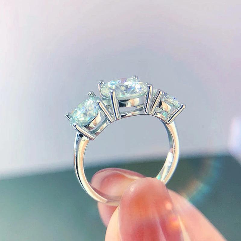 Real Round 3 Stone D Colour 2-4ctw Moissanite Diamonds Rings Wedding Engagement Promise Silver Certified Jewellery
