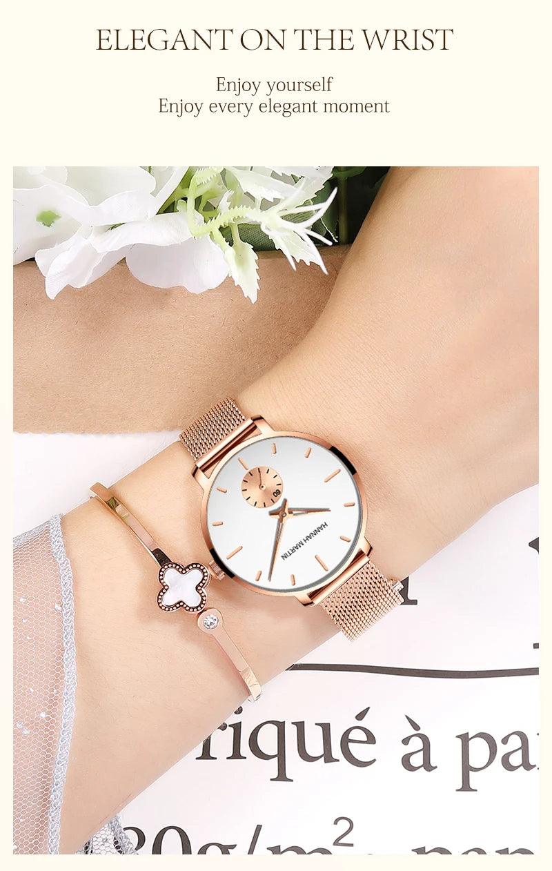 New Rose Gold Tone Elegant Stainless Steel Lady's Watch. Adjustable Multi Function Movement Quartz Wristwatches