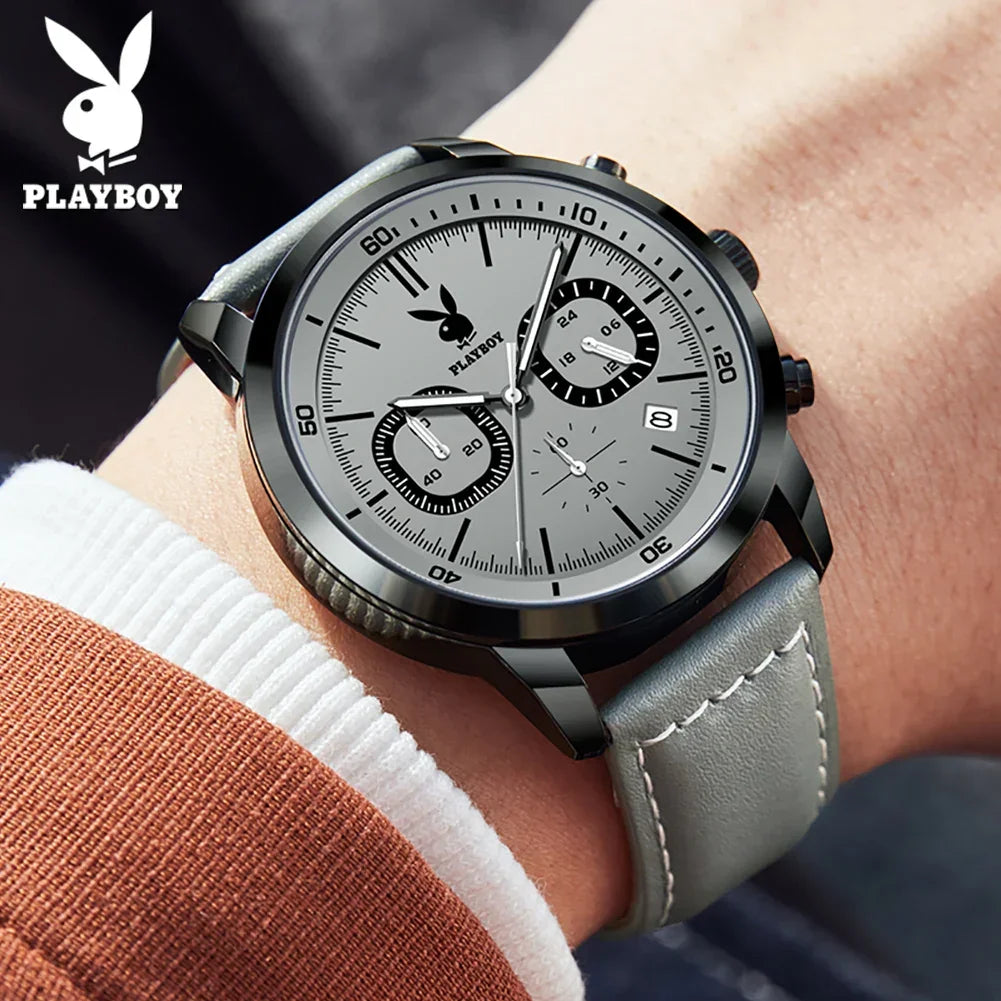 PLAYBOY Top Brand Fashion Watch for Men Leather Strap  High Quality Casual Waterproof Luxury Quartz Men's Watches
