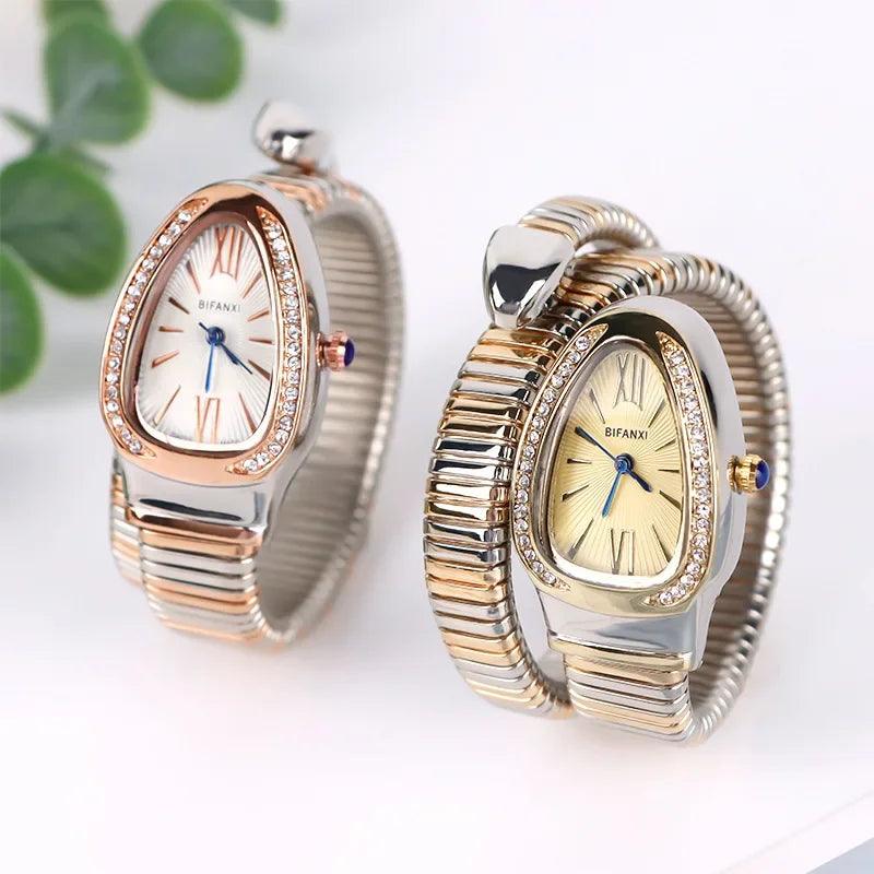 Unique Snake Shaped Design Bracelet Gold Silver Watches for Women Luxury Bangle Quartz Watches