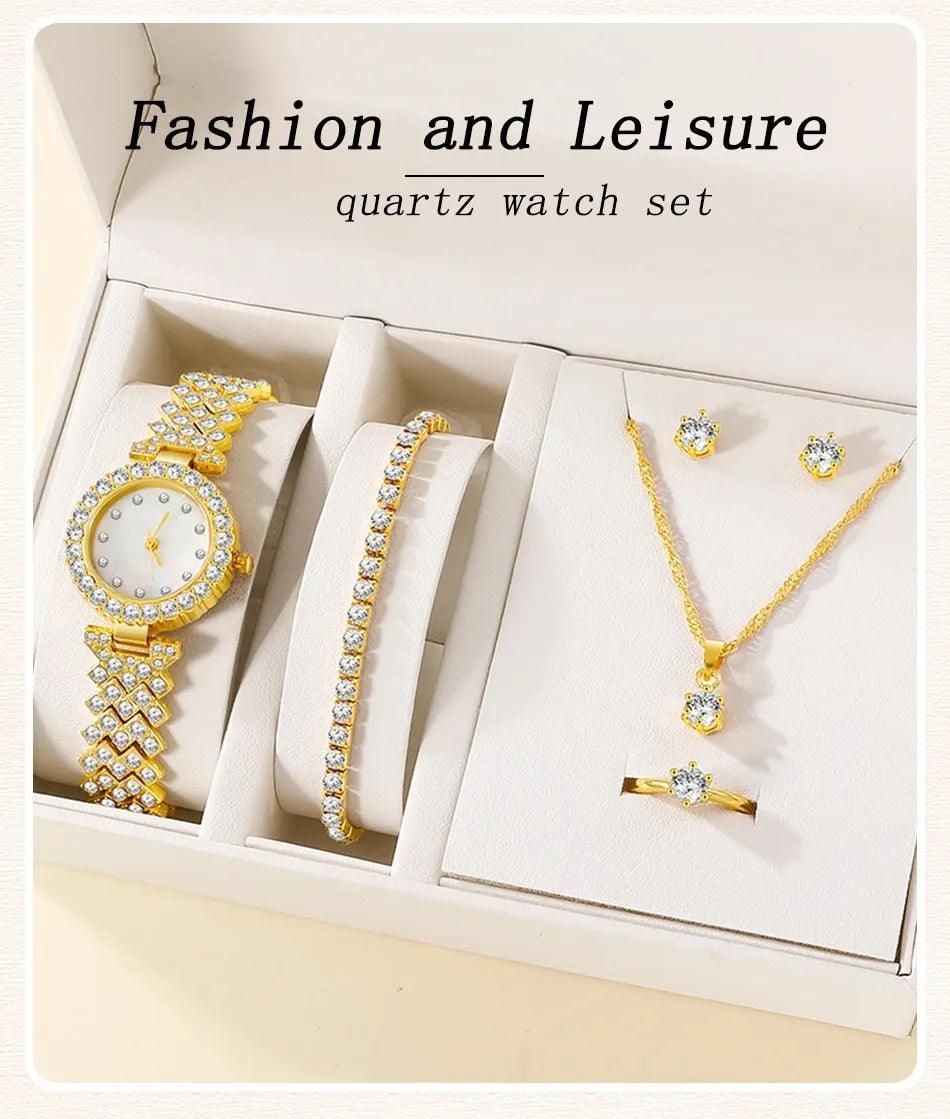 New 6PCS Set Luxury Necklace Earring Rhinestone Fashion Casual Ladies Bracelet Set Watches for Women - - The Jewellery Supermarket