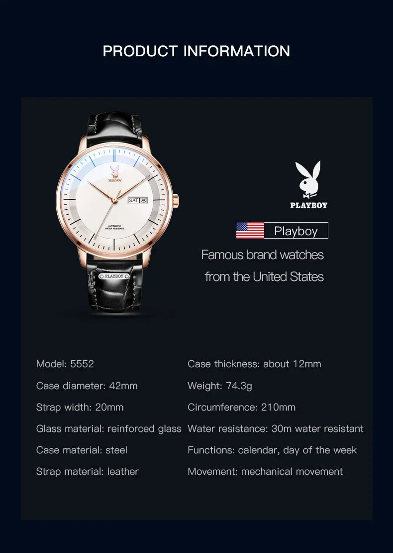 PLAYBOY Casual Simple Automatic Mechanical Men's Watches Original Waterproof Calendar High Quality Watch for Men