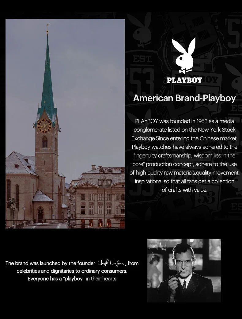 PLAYBOY Brand Skeleton Multifunction Automatic Mechanical Original Stainless Steel Fashion Luxury Watches for Men